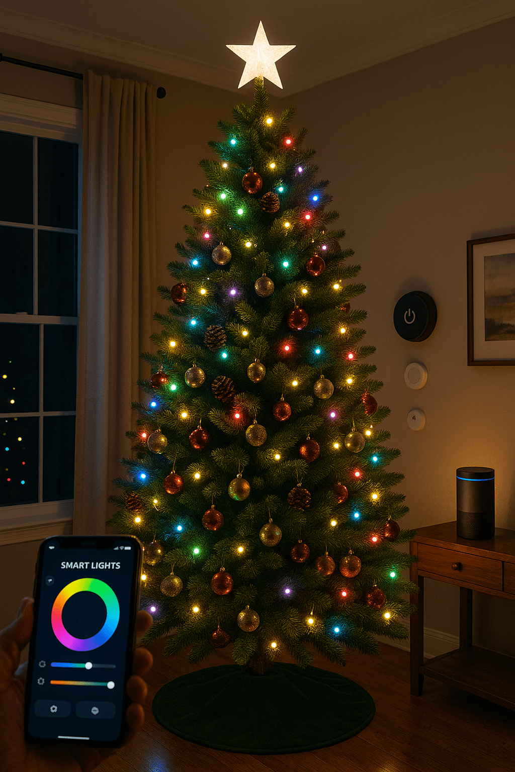 10 foot Christmas trees decorated with smart IoT lights.