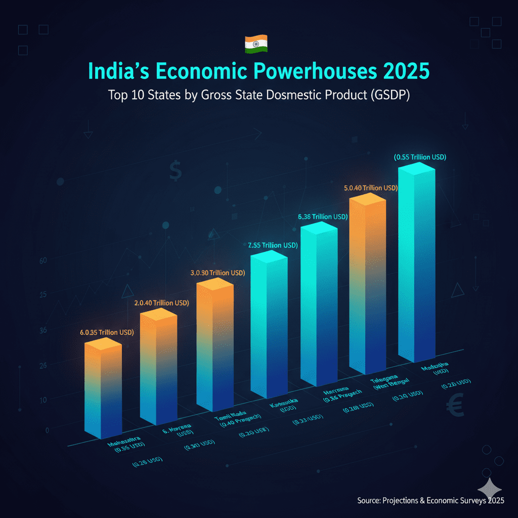 Indian State GDP Ranking 2025 - Top 10 States by Gross State Domestic Product (GSDP) showing Maharashtra, Tamil Nadu, Karnataka, Uttar Pradesh, Gujarat, etc., with projected GDP values for 2025.