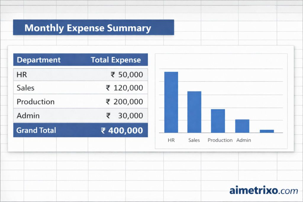 Pivot Table dashboard summarizing monthly expenses.