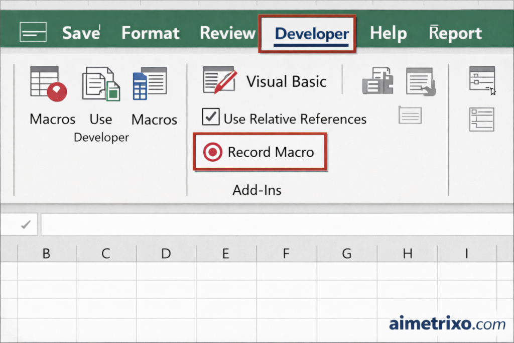 Developer tab with Record Macro button highlighted